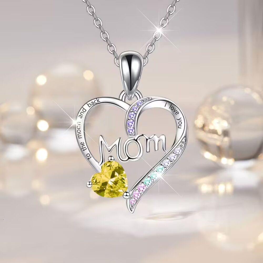 Mom Silver Yellow Zirconia Crystal Heart Pendant Necklace Drop Charm Gemstone
